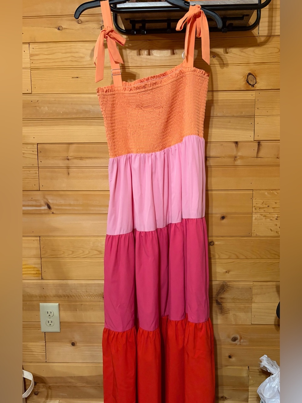 Tiered Tie-Shoulder Maxi Dress in Coral, Pink & Red